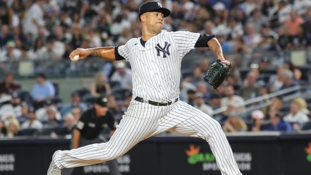 Yankees starting pitcher Frankie Montas (47) pitches in the first inning against the Rays.